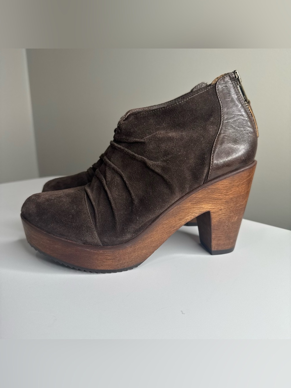 Trask Chocolate Brown Suede Leather Ruched Wooden Block Heel Boho Ankle Booties